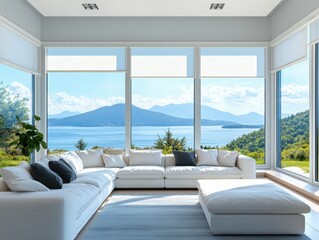 Fototapeta premium A luxurious white living room with a large sectional sofa features panoramic windows showing a calm blue lake surrounded by mountains.