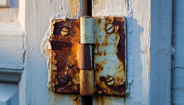 Macro shot of a rusty metal door hinge on a white painted door with peeling paint