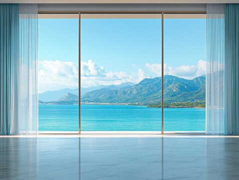 A modern interior features a floor-to-ceiling glass window overlooking a serene turquoise sea and distant green mountains under a bright sky.
