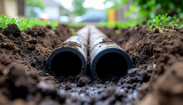 Lawn irrigation pipes buried under ground in a garden setting
