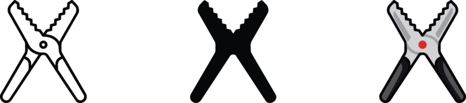 Hand tool and cutting adjustable wrench, and threaded rod icons set and hardware store and building materials in outline style