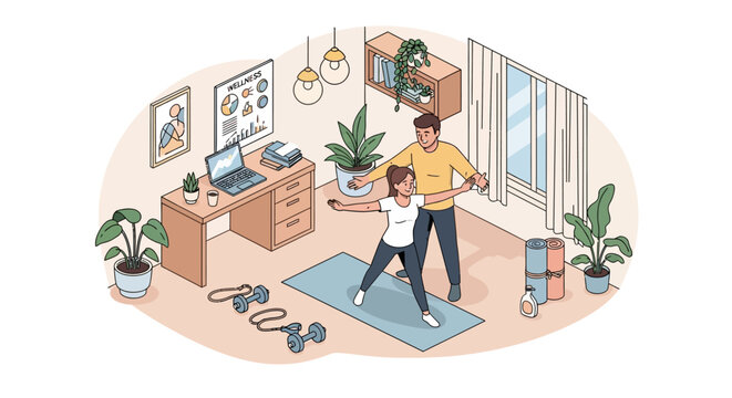 Personal trainer guiding woman through exercise at home.
