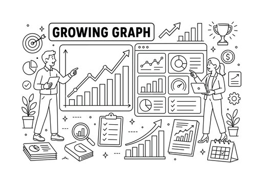Growing Graph Growth. Clean outline line art banner with one wide growth analytics scene, two analysts beside oversized growing graph and giant performance dashboard, small details rising arrow, bar