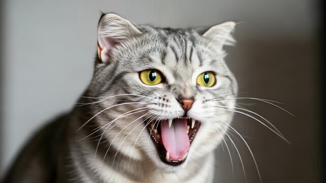 Scottish Fold Cat Yawning Wide Open Mouth with Sharp Teeth Visible