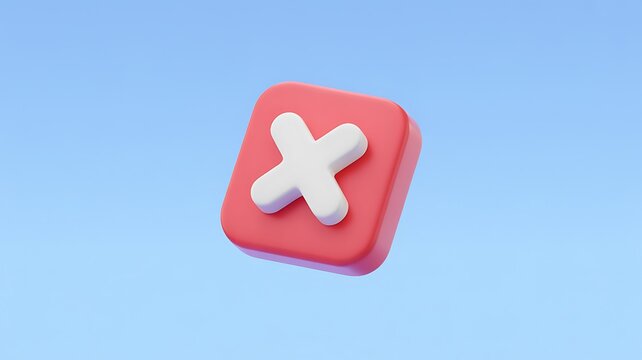 3D white cross symbol on red square, cancel icon, flat design element, UI button