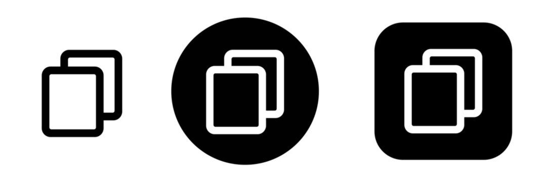 Copy button icon set with duplicate and clone symbols. Copy To Clipboard action icons for content management, file operation, UI controls, app and web interface