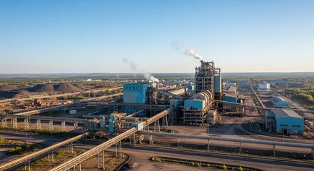 Fototapeta premium Expansive Industrial Smelter Facility Under Clear Blue Sky, Showcasing Large Scale Manufacturing Operations