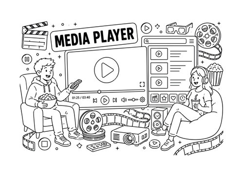 Media Player Cinema. Clean outline line art banner with one wide video player scene, two viewers beside oversized media player screen and giant cinema interface, small details play button, pause