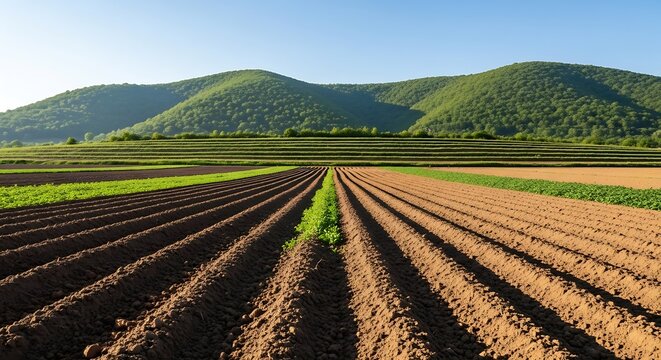 Agricultural field furrows leading towards rolling green hills under clear sky