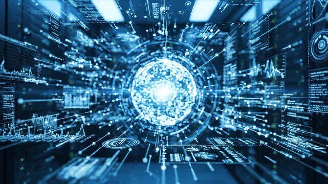 Futuristic Data Center Server Room with Glowing Holographic AI Core Sphere and Digital Interface Overlays