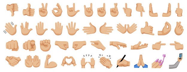 Fototapeta premium Hand sign emojis set, hand gesture symbols, vector icon illustration, isolated on transparent background. 