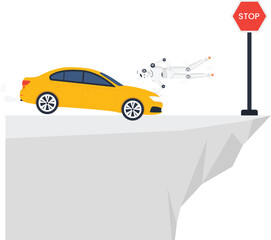 Naklejka premium Autonomous driving robot accident yellow sedan dangerous cliff stop sign technology failure traffic collision artificial intelligence safety risk future transport driving error digital concept