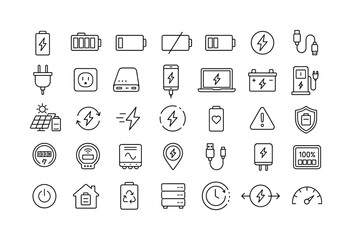 Fototapeta premium Battery Charging Energy. Line icon set of battery charging, energy batteries and charging indicators: charging battery, full battery, low battery, empty battery, half battery, lightning bolt, charger