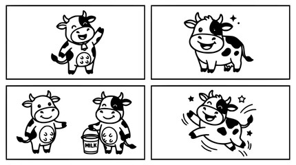 Obraz premium Cow Cartoon Character Collection of Four Black and White Vector Style Illustrations in Different Poses