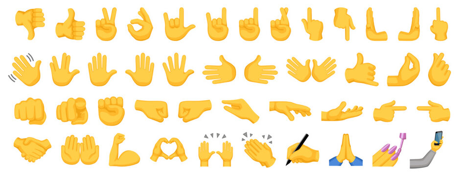 Hand sign emojis set, hand gesture symbols, vector icon illustration, isolated on transparent background. 