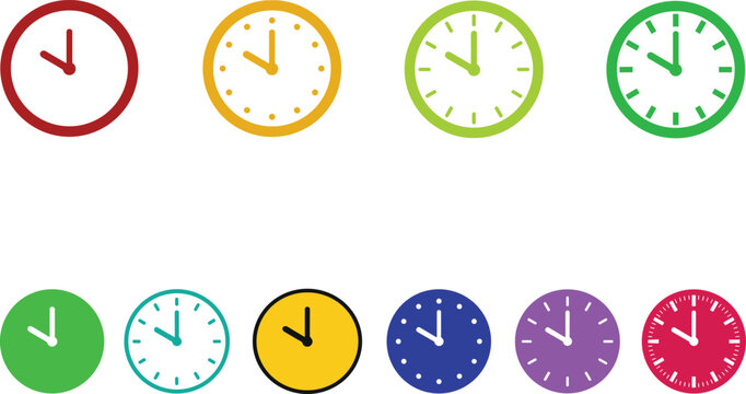 Vector clock icons set showing ten o'clock with different colorful borders and face styles
