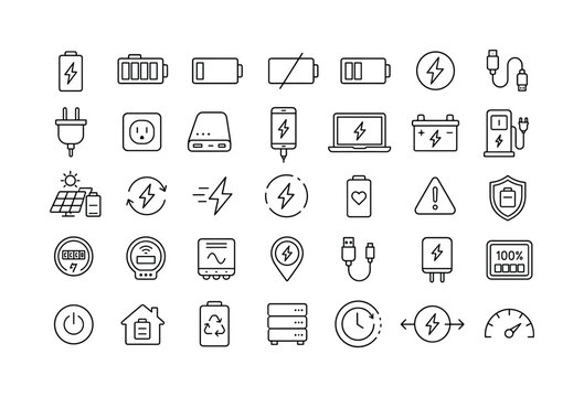 Battery Charging Energy. Line icon set of battery charging, energy batteries and charging indicators: charging battery, full battery, low battery, empty battery, half battery, lightning bolt, charger
