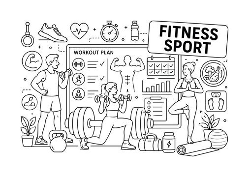Fitness Sport Gym. Clean outline line art banner with one wide fitness scene, three athletes beside oversized dumbbell and giant workout plan board, small details running shoe, yoga mat, diet plate,