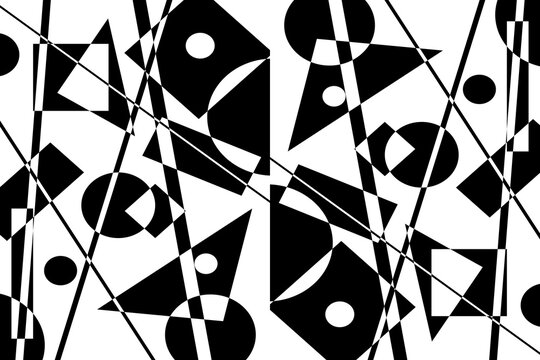 Abstract black and white geometric pattern with sharp lines and shapes.