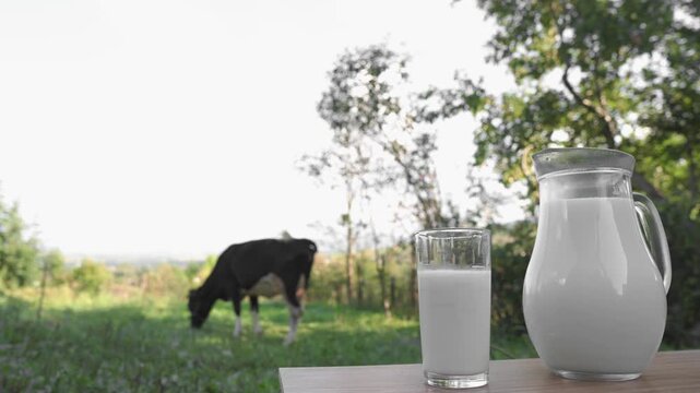 A glass and jug filled with fresh milk are placed on a wooden table in a green meadow, with a cow grazing in the background. The image emphasizes organic farming and healthy nutrition