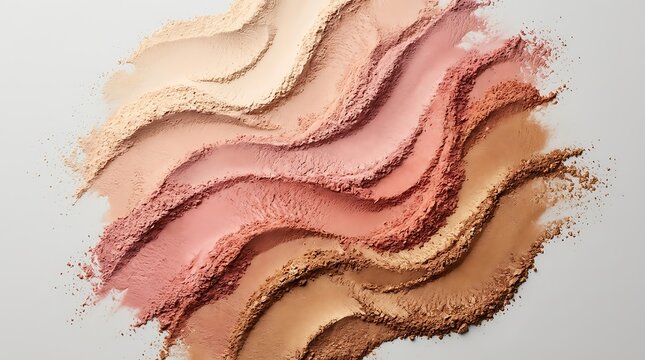 Creamy beige and light pink makeup foundation strokes swiped on a flat surface for beauty background. poudres