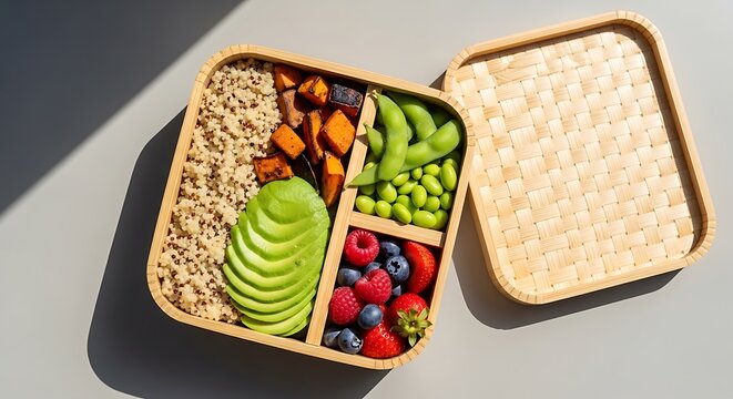 Healthy vegan bento lunch box with quinoa avocado edamame and fresh berries. plant-based bento boxes