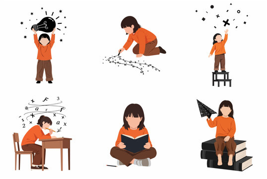 Set of vector illustrations of a little girl learning, dreaming, and creating through various educational activities like reading, math, and brainstorming ideas on a white background.