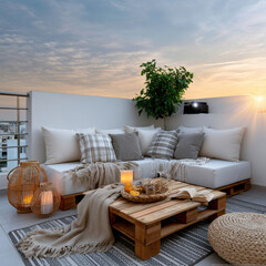Obraz premium Cozy outdoor lounge with white sofa, wooden table, lantern, candle, plaid pillow, blanket, and sunset sky on rooftop terrace