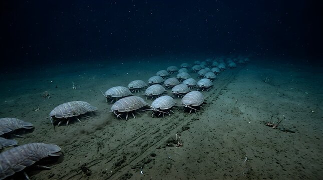 Deep sea giant isopods crawling on the dark ocean floor in the abyss