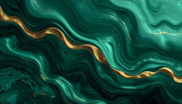 Abstract emerald green marble texture fluid art with waving golden veins