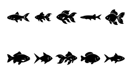 Fototapeta premium Fish Silhouette Icons Set Arranged in Two Rows, Showing Different Species Shapes for Ocean Life Concept