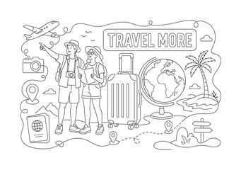 Fototapeta premium Travel Tourism Tour. Clean one-line drawing banner composition showing two tourists beside an oversized suitcase and globe, travel route line reaching all four edges with small airplane, camera, map
