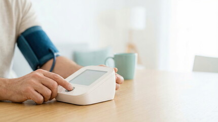 Fototapeta premium Blood pressure monitoring, man measuring blood pressure with digital device at home on wooden table, self-care and health check-up concept.