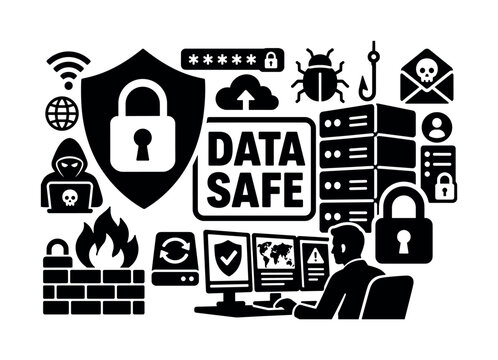 Cybersecurity Data Protection. Banner design, clean solid filled composition showing oversized shield lock and giant secure server, one security analyst monitoring threats near edges, small details of