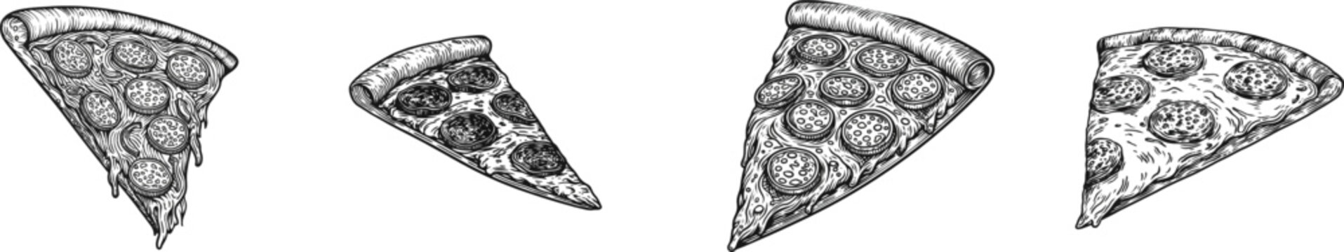 A meticulously detailed slice of pepperoni pizza in black and white vector line art, showcasing symmetrical design elements against a clean white background