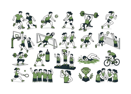Sports Competition Series collection of digital illustrations NOT icons NOT symbols, 12?20 character-driven small scenes of athletes playing football, basketball, volleyball, training in gym,