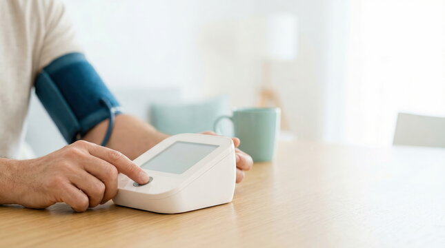 Blood pressure monitoring, man measuring blood pressure with digital device at home on wooden table, self-care and health check-up concept.