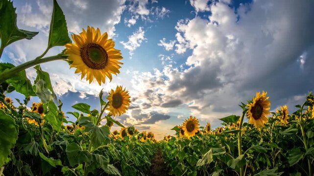 Low-angle shot of a sunflower field under a cloudy, bright, blue sky