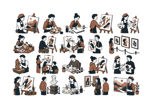 Painting Art Studio collection of digital illustrations NOT icons NOT symbols, 12?20 character-driven small scenes of artists painting canvases, visiting galleries, holding brushes, mixing paint,