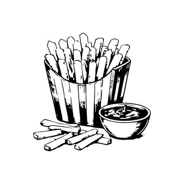 Simple hand drawn fried potato chips sketch, engraved french fries set with sause, potato snack fast food illustration clip art.