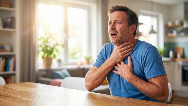 Man clutching throat in distress at sunny kitchen table. Adult male experiencing breathing difficulty from asthma attack or allergic