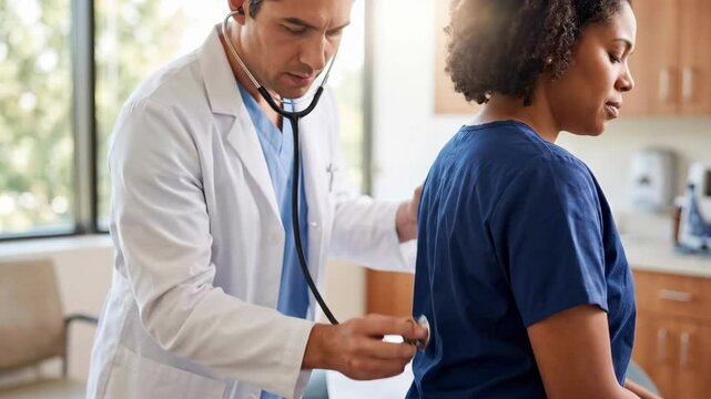 Male doctor auscultating african american womans back with stethoscope during exam. Patient care and preventive healthcare concept