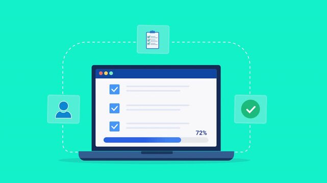 Animated flat vector illustration of a laptop displaying a task management dashboard with checklist, user profile, and completion status icons. Modern productivity, workflow, and project organization 