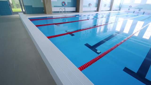 Swimming pool shows pristine competitive lanes under soft natural lighting. Aquatic design provides excellent environment for training