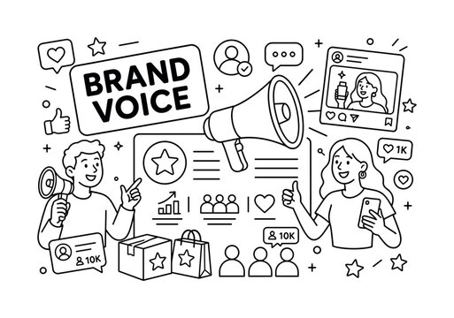Brand Ambassador Influence. Clean outline line art banner with one wide influencer marketing scene, two ambassadors beside oversized megaphone and giant brand campaign board, small details profile
