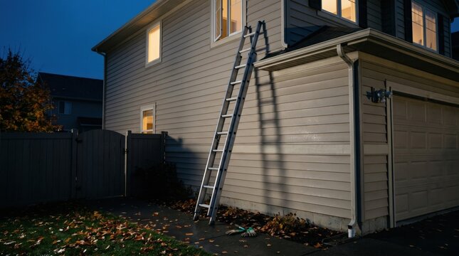 Aluminum extension ladder leaning against suburban house wall for home maintenance at twilight.