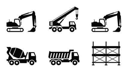 construction machinery icon set, excavator crane cement mixer dump truck and scaffolding symbols, industrial building and engineering equipment concept, simple flat vector design collection. © Rakib