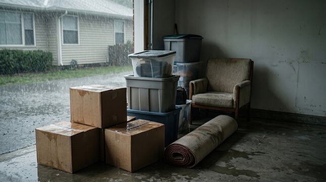 Wet cardboard boxes and storage bins inside garage damaged by heavy rainstorm water leak.