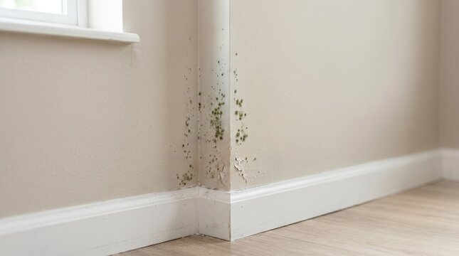 Black and green mold growing on corner wall inside house room due to moisture and water leak dampness.