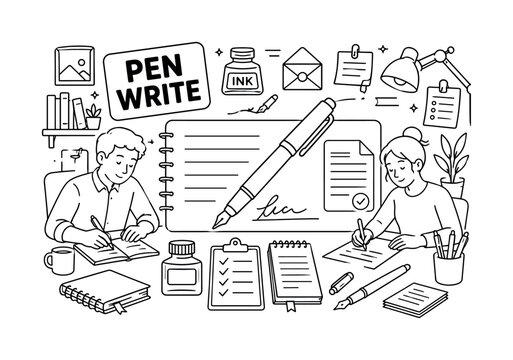 Pen Writing Collection. Clean outline line art banner with one wide writing desk scene, two writers beside oversized pen and giant note board, small details ink bottle, notebook, signature line,